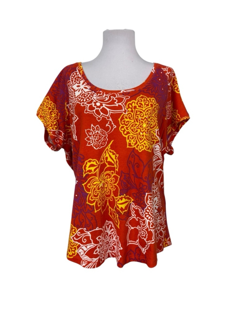 Talbots 2X Knit Top 100% Cotton Floral Cap Short Sleeves Orange Pullover